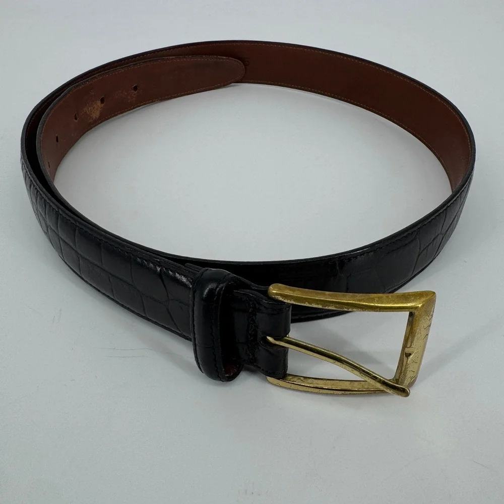 Bobby Jones Mens Black Croc Embossed Calfskin Leather Belt Size 34 Gold Brass